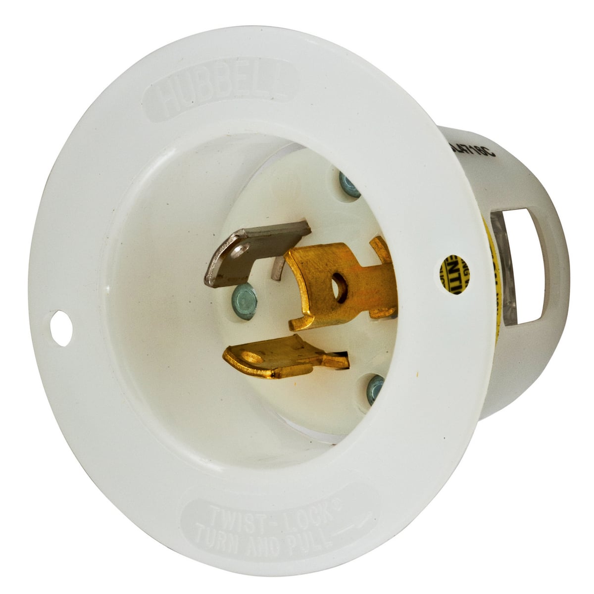 HBL4716C 1-Phase Heavy Duty Grounding Screw Mount Locking Flanged Inlet With Mounting Screw, 125 V AC, 15 A, 2 Poles, 3 Wires, White