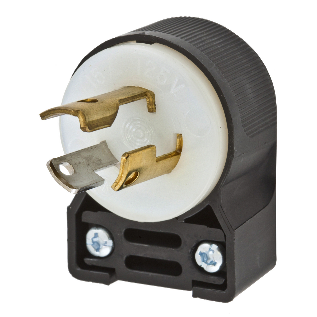 HBL4720CA 1-Phase Angled Grounding Male Standard Cord Mount Locking Plug, 125 V AC, 15 A, 2 Poles, 3 Wires, Black/White