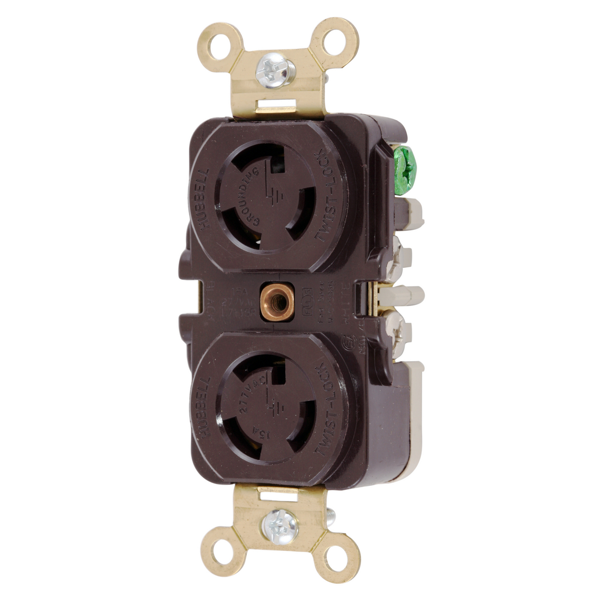 HBL4750 HBL 1-Phase Grounding Heavy Duty Single Screw Mount Locking Receptacle, 277 V AC, 15 A, 2 Poles, 3 Wires, Brown