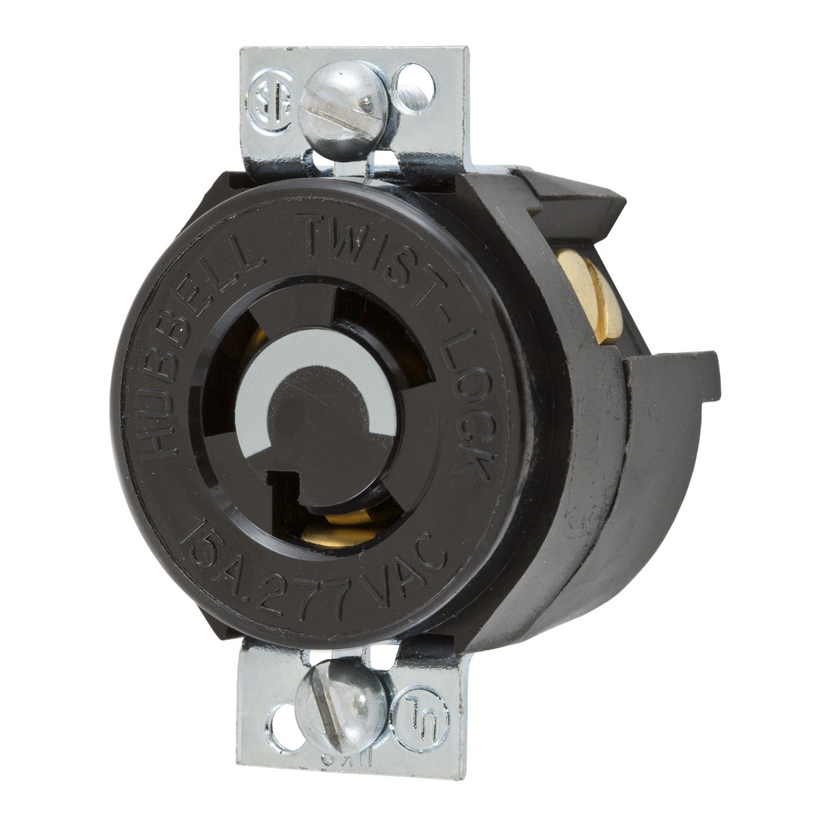 HBL4763 1-Phase Grounding Standard Single Panel Mount Locking Receptacle, 277 V AC, 15 A, 2 Poles, 3 Wires, Black