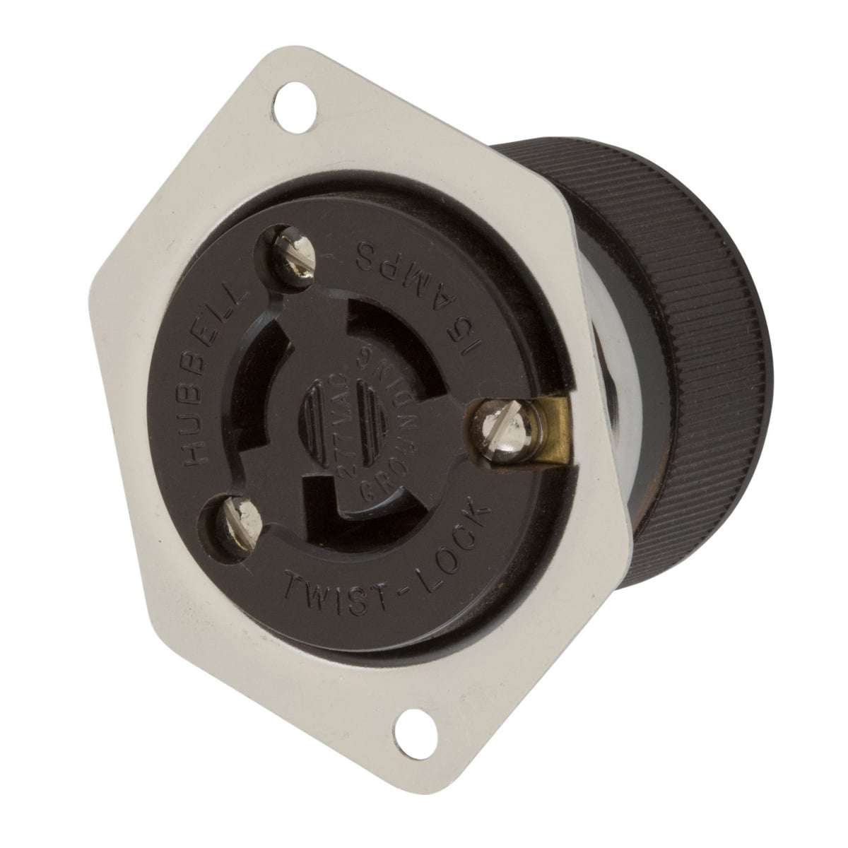 HBL4785 1-Flange 1-Phase Grounding Heavy Duty Standard Screw Mount Locking Receptacle, 277 V AC, 15 A, 2 Poles, 3 Wires, Black