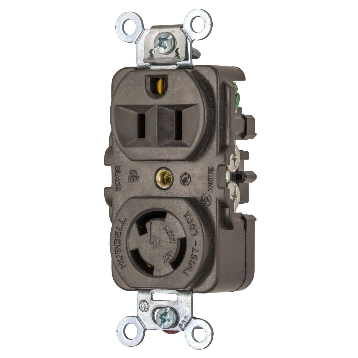 HBL4795 1-Phase 2-Feed 2-Return Combination Duplex Grounding Heavy Duty Standard Screw Mount Locking Receptacle, 125 V AC, 15 A, 2 Poles, 3 Wires, Brown