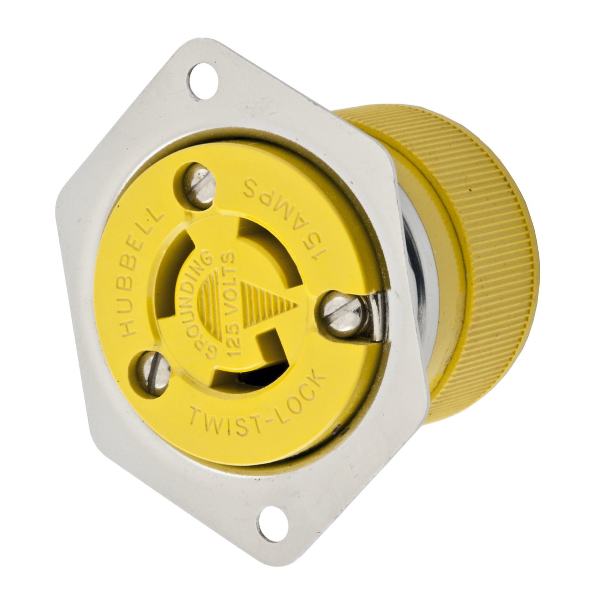 HBL47CM15 1-Flange 1-Phase Corrosion-Resistant Grounding Standard Screw Mount Locking Receptacle, 125 V AC, 15 A, 2 Poles, 3 Wires, Metallic
