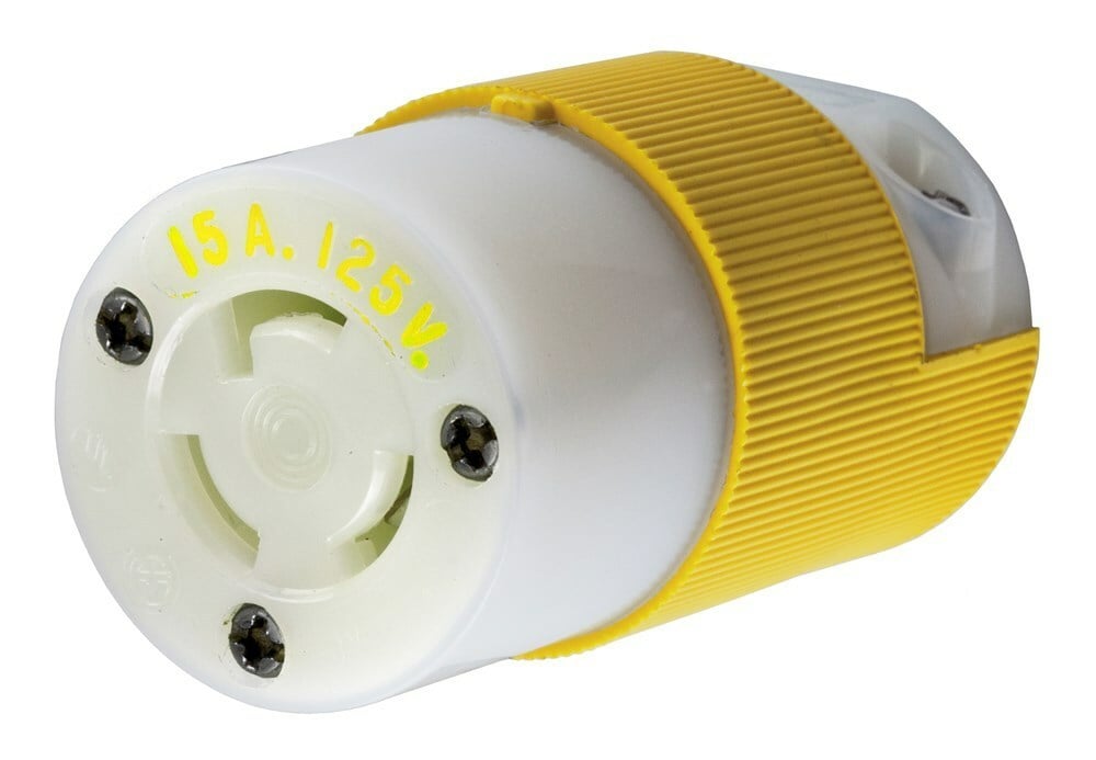 HBL47CM29C Corrosion Resistant Heavy Duty Female Grounding Insulated Standard Cord Mount Locking Connector, 125 V AC, 15 A, 2 Poles, 2 Wires, Yellow