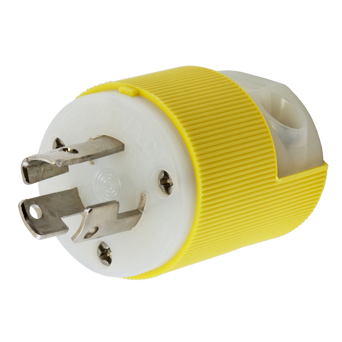 HBL47CM70C 1-Phase Corrosion Resistant Grounding Male Standard Cord Mount Locking Plug, 125 V AC, 15 A, 2 Poles, 3 Wires, Yellow