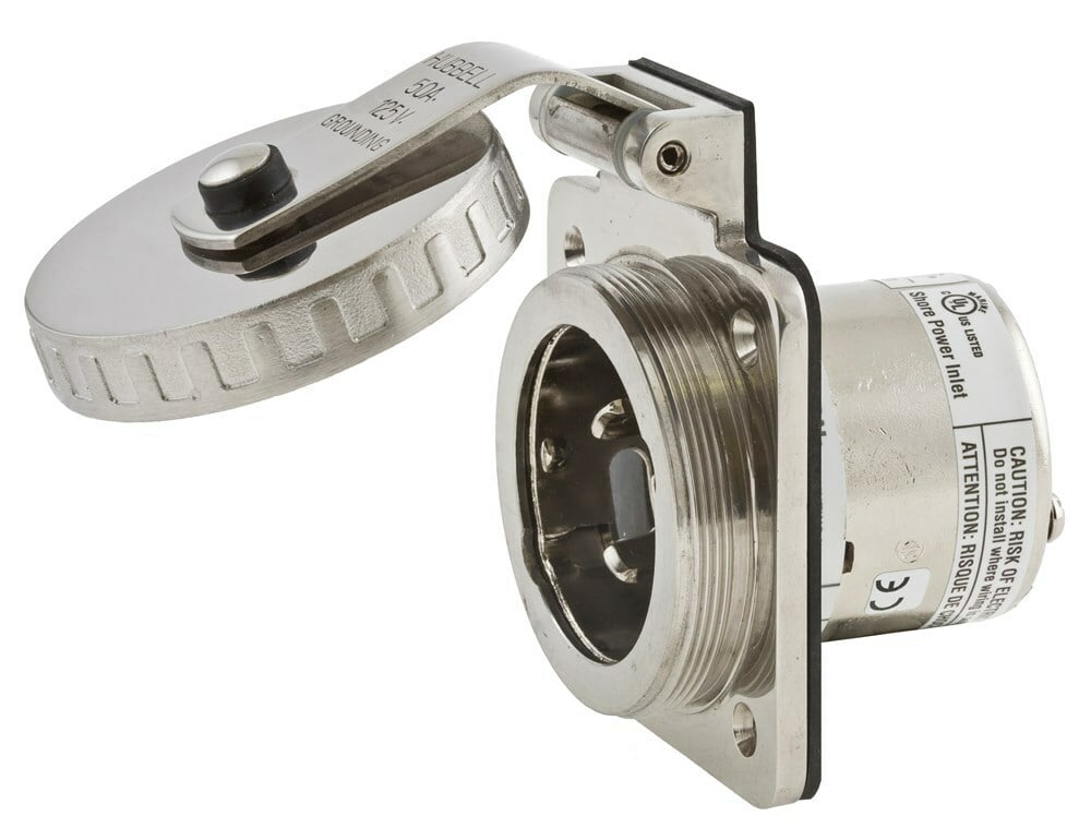 HBL503SS Grounding Non-Nema Standard Watertight Screw Mount Shore Power Inlet, 125 V AC, 50 A, 2 Poles, 3 Wires, Stainless Steel