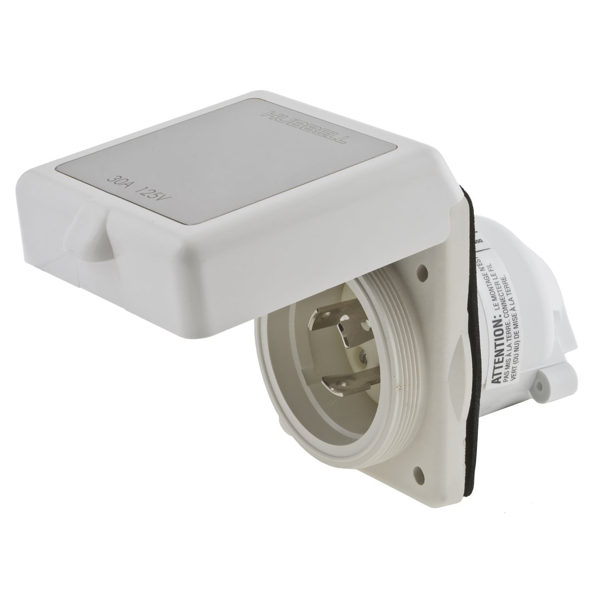 HBL504NM Grounding Standard Watertight Screw Mount Shore Power Inlet, 125/250 V AC, 50 A, 3 Poles, 4 Wires, White