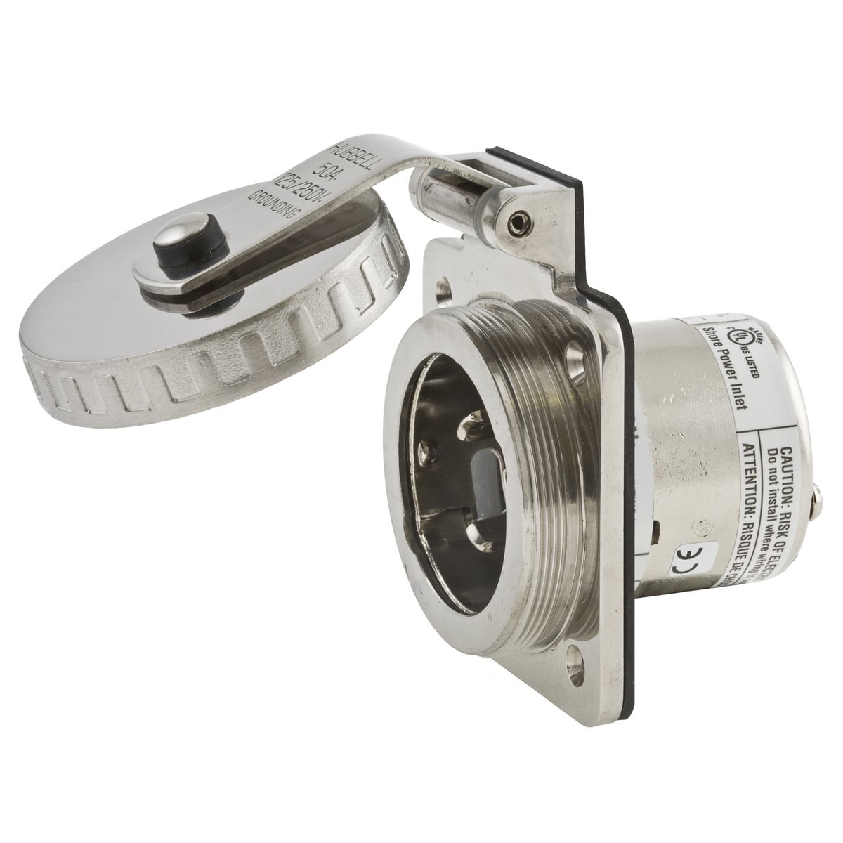 HBL504SS Grounding Standard Watertight Screw Mount Shore Power Inlet, 125/250 V AC, 50 A, 3 Poles, 4 Wires, Stainless Steel
