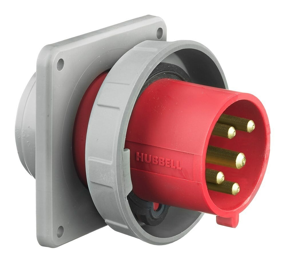 HBL5100B7W 3-Phase Flanged Grounding Male Non-NEMA Single Standard Watertight Screw Mount Pin and Sleeve Inlet, 277/480 V AC, 100 A, 4 Poles, 5 Wires, Red