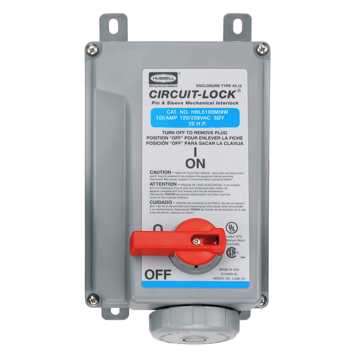 HBL5100MI9W 3-Phase Female Grounding Non-NEMA Standard UnFusible Watertight Pressure Screw Terminal Pin and Sleeve Mechanical Interlock, 120/208Y V AC, 100 A, 4 Poles, 5 Wires