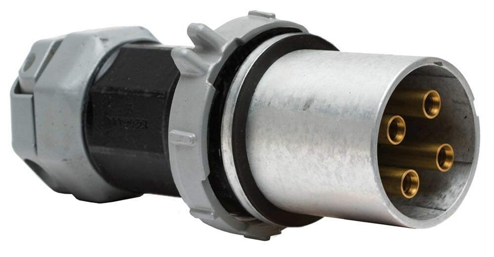 HBL5100PS1W Type 1 Grounding Heavy Duty Male Non-NEMA Standard Watertight Cord Mount Pin and Sleeve Plug, 600 V AC/250 V DC, 100 A, 4 Poles, 5 Wires, Black/Gray