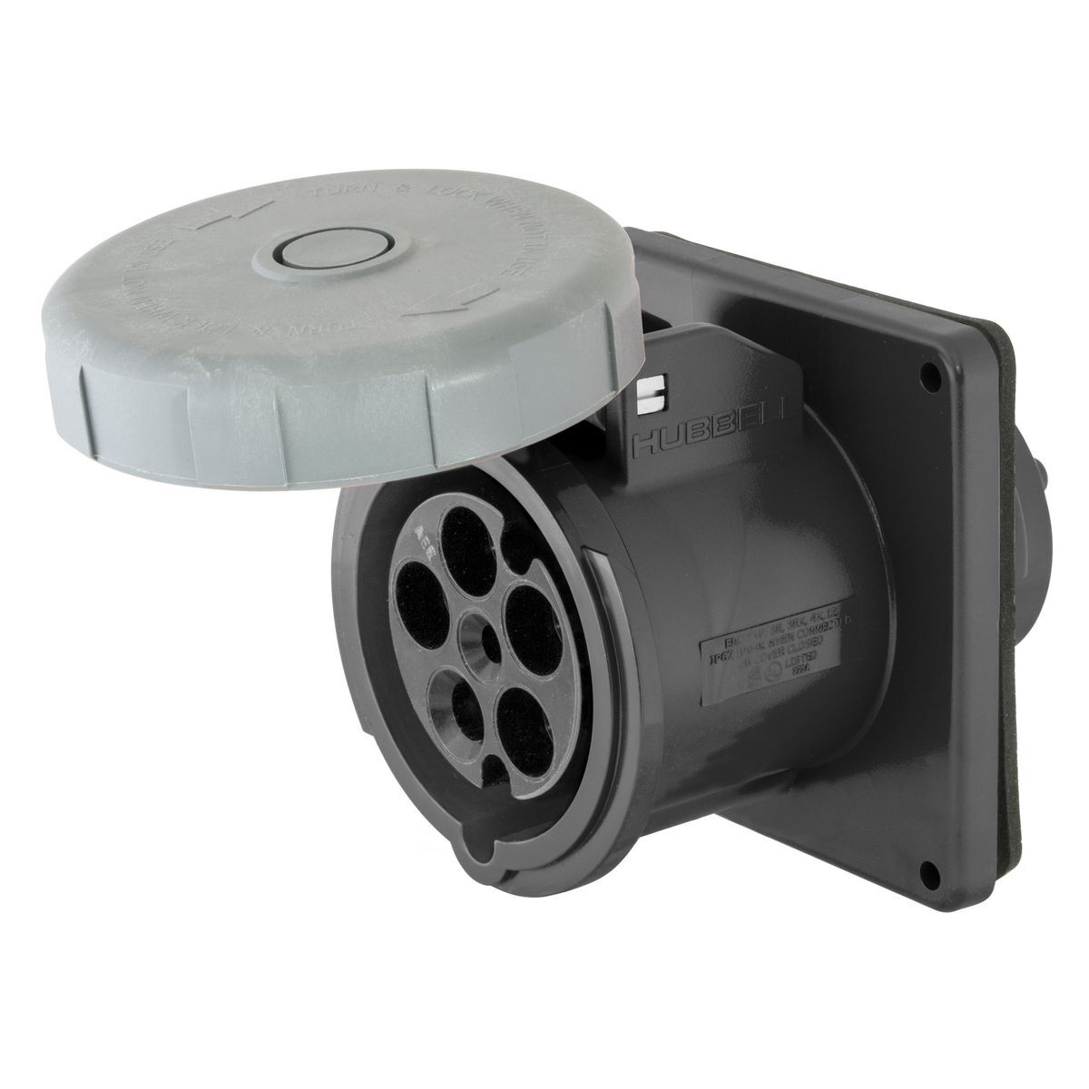 HBL5100R5W 3-Phase Flanged Grounding Non-NEMA Single Flanged Standard Watertight Screw Mount Pin and Sleeve Receptacle, 347/600Y V AC, 100 A, 4 Poles, 5 Wires, Black