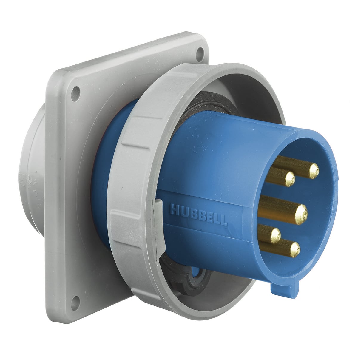 HBL516B1W 1-Phase Flanged Grounding Non-NEMA Male Pilot Duty Single Standard Watertight Screw Mount Pin and Sleeve Inlet, 380/415 V AC, 16 A, 4 Poles, 5 Wires, Blue