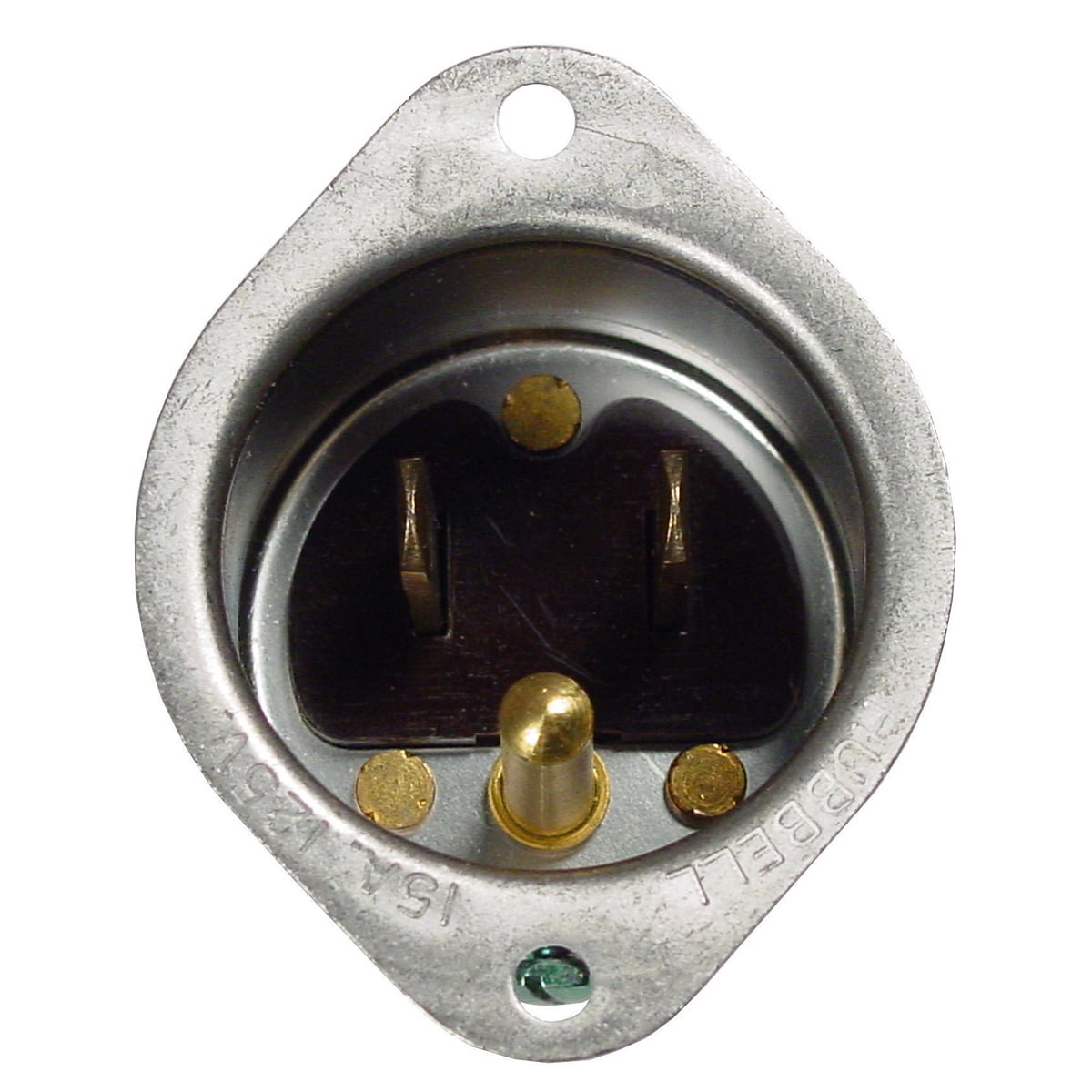 HBL5240 1-Phase Extra Heavy Duty Grounding Screw Mount Straight Blade Flanged Inlet, 125 V AC, 15 A, 2 Poles, 3 Wires, Brass