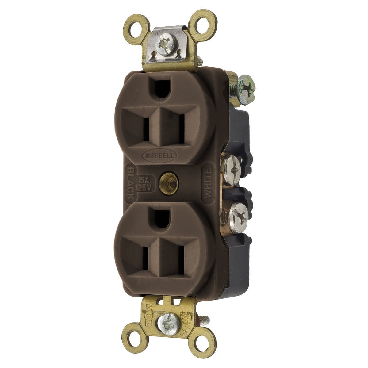 HBL5242 1-Phase Compact Duplex Extra Grounding Heavy Duty Standard Sized Screw Mount Straight Blade Receptacle, 125 V AC, 15 A, 2 Poles, 3 Wires, Brown