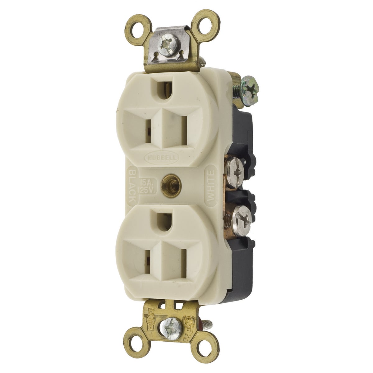 HBL5242I 1-Phase Compact Duplex Extra Heavy Duty Self-Grounding Standard Traditional Screw Mount Straight Blade Receptacle, 125 V AC, 15 A, 2 Poles, 3 Wires, Ivory