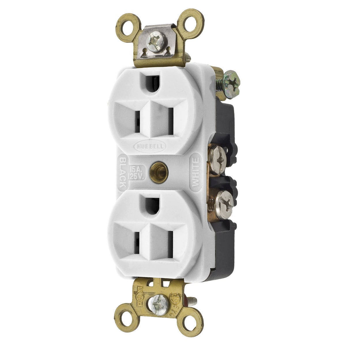 HBL5242W 1-Phase Compact Duplex Extra Heavy Duty Self-Grounding Standard Traditional Screw Mount Straight Blade Receptacle, 125 V AC, 15 A, 2 Poles, 3 Wires, White