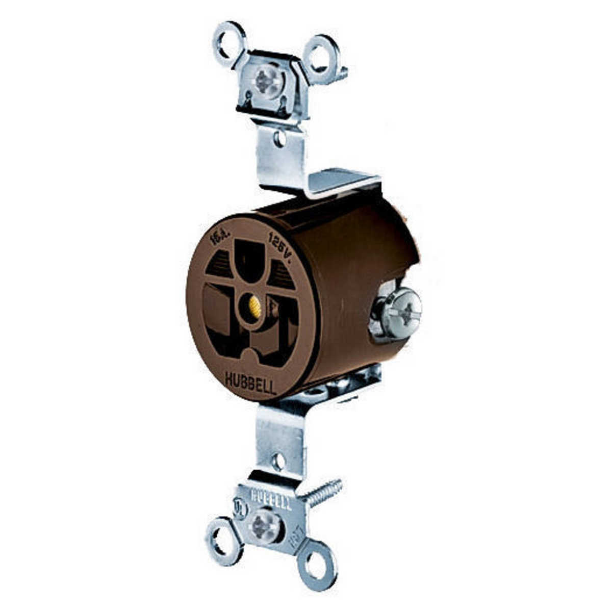 HBL5251 1-Phase Extra Heavy Duty Self-Grounding Single Standard Screw Mount Straight Blade Receptacle, 125 V AC, 15 A, 2 Poles, 3 Wires, Brown
