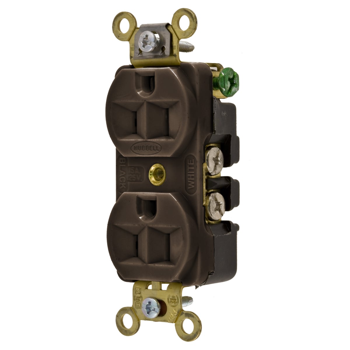 HBL5252 1-Phase Compact Duplex Extra Heavy Duty Self-Grounding Screw Mount Straight Blade Receptacle, 125 V AC, 15 A, 2 Poles, 3 Wires, Brown
