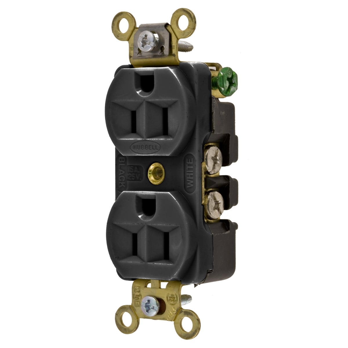 HBL5252BK 1-Phase Compact Duplex Extra Heavy Duty Self-Grounding Screw Mount Straight Blade Receptacle, 125 V AC, 15 A, 2 Poles, 3 Wires, Black