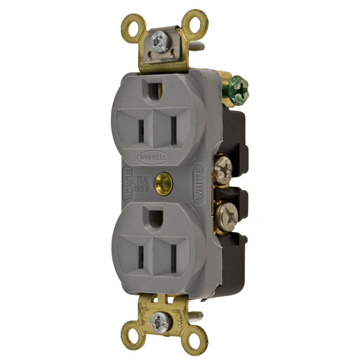 HBL5252GY 1-Phase Compact Duplex Extra Heavy Duty Self-Grounding Standard Traditional Screw Mount Straight Blade Receptacle, 125 V AC, 15 A, 2 Poles, 3 Wires, Gray