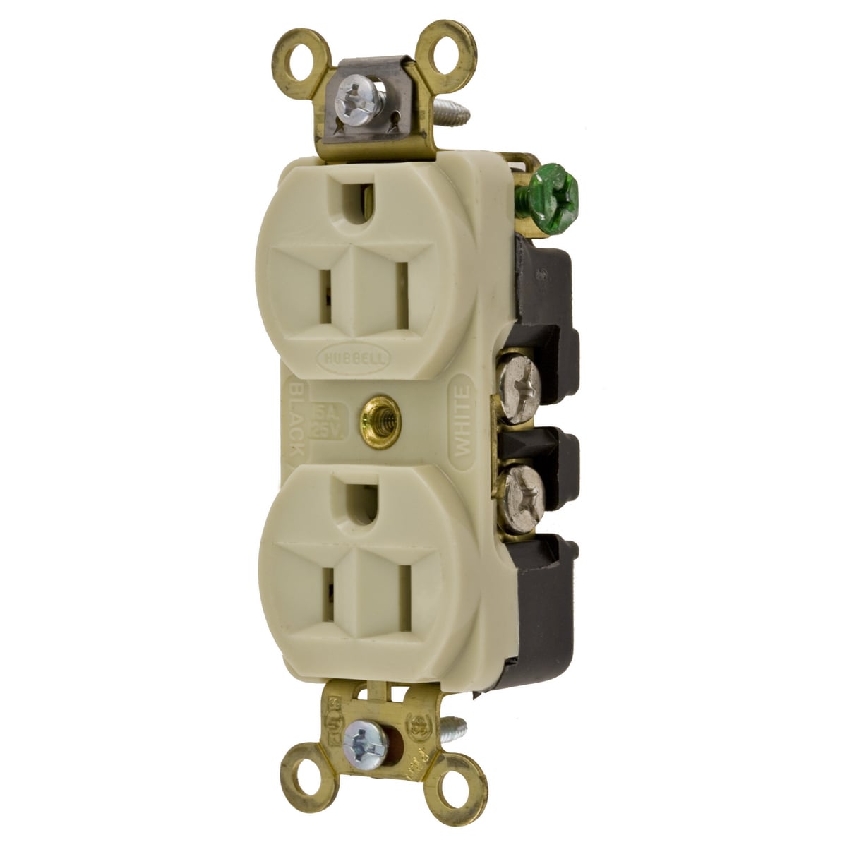 HBL5252I 1-Phase Compact Duplex Extra Heavy Duty Self-Grounding Screw Mount Straight Blade Receptacle, 125 V AC, 15 A, 2 Poles, 3 Wires, Ivory