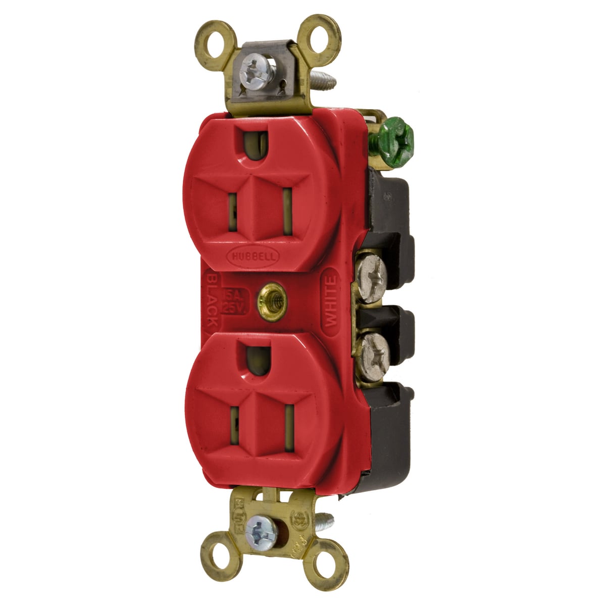 HBL5252R 1-Phase Compact Duplex Extra Heavy Duty Self-Grounding Screw Mount Straight Blade Receptacle, 125 V AC, 15 A, 2 Poles, 3 Wires, Red