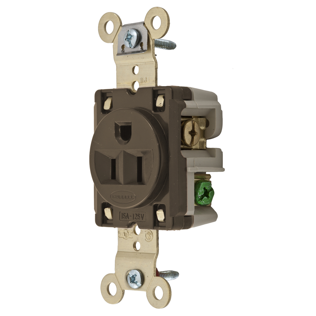 HBL5261 1-Phase Extra Heavy Duty Single Screw Mount Straight Blade Receptacle, 125 V AC, 15 A, 2 Poles, 3 Wires, Brown