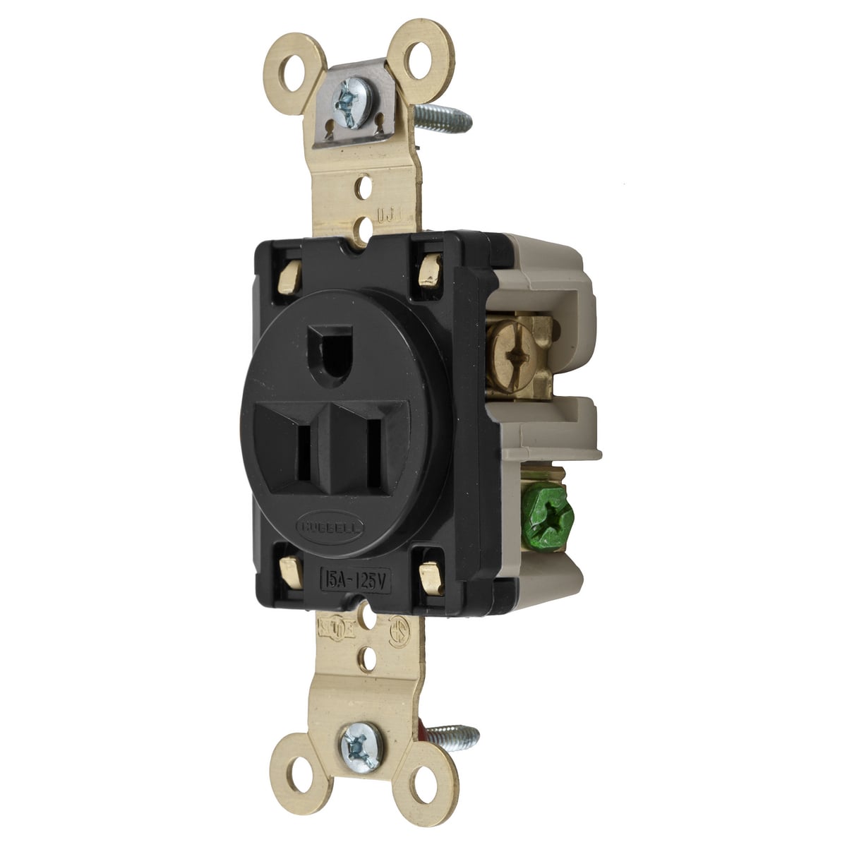 HBL5261BK 1-Phase Grounding Extra Heavy Duty Screw Mount Straight Blade Single Receptacle, 125 V AC, 15 A, 2 Poles, 3 Wires, Black