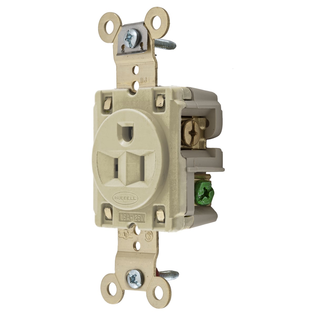 HBL5261I 1-Phase Extra Heavy Duty Self-Grounding Screw Mount Straight Blade Receptacle, 125 V AC, 15 A, 2 Poles, 3 Wires, Ivory