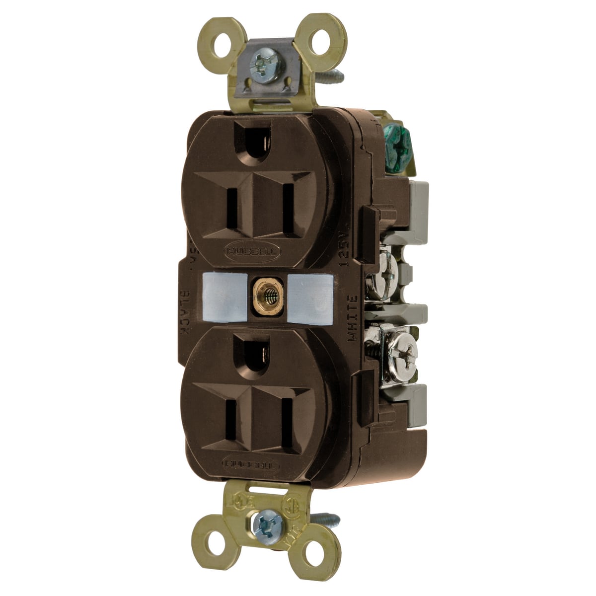 HBL5262 1-Phase Duplex Extra Heavy Duty Self-Grounding Screw Mount Straight Blade Receptacle, 125 V AC, 15 A, 2 Poles, 3 Wires, Brown