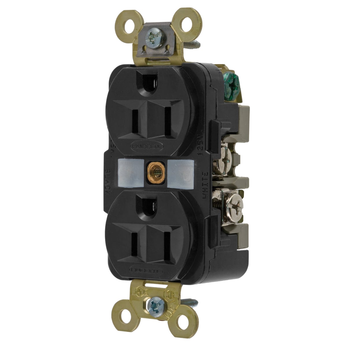 HBL5262BK 1-Phase Duplex Extra Heavy Duty Self-Grounding Screw Mount Straight Blade Receptacle, 125 V AC, 15 A, 2 Poles, 3 Wires, Black