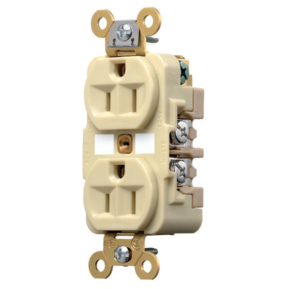 HBL5262I 1-Phase Duplex Extra Heavy Duty Self-Grounding Standard Screw Mount Straight Blade Receptacle, 125 V AC, 15 A, 2 Poles, 3 Wires, Ivory