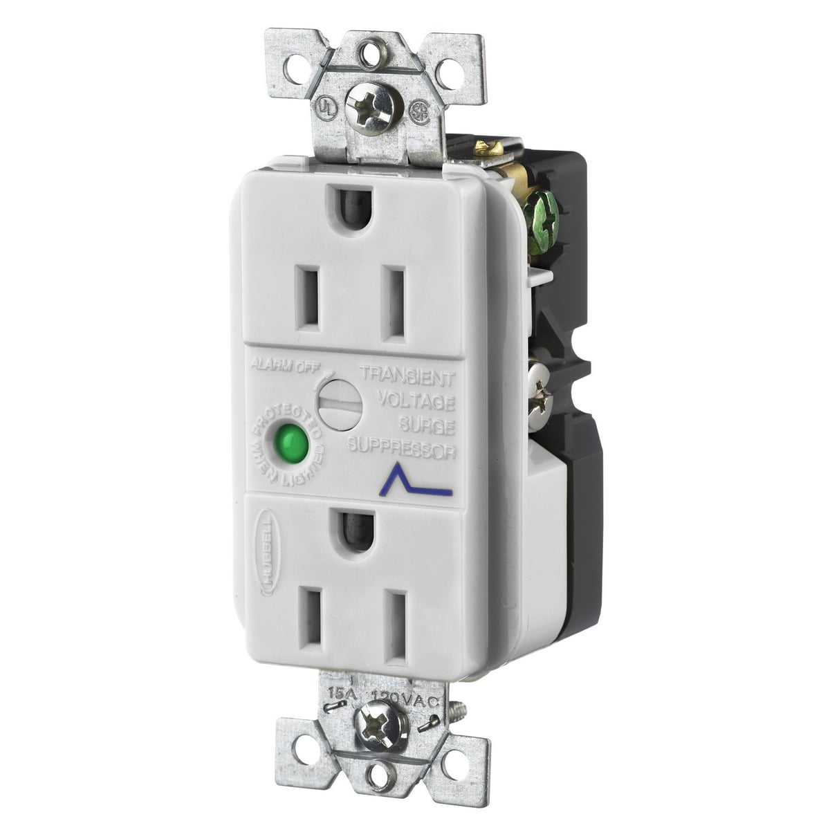 HBL5262OWSA Duplex Specification Grade Standard Tvss Receptacle, 125 V AC, 15 A, 60 Hz, 1 Phase