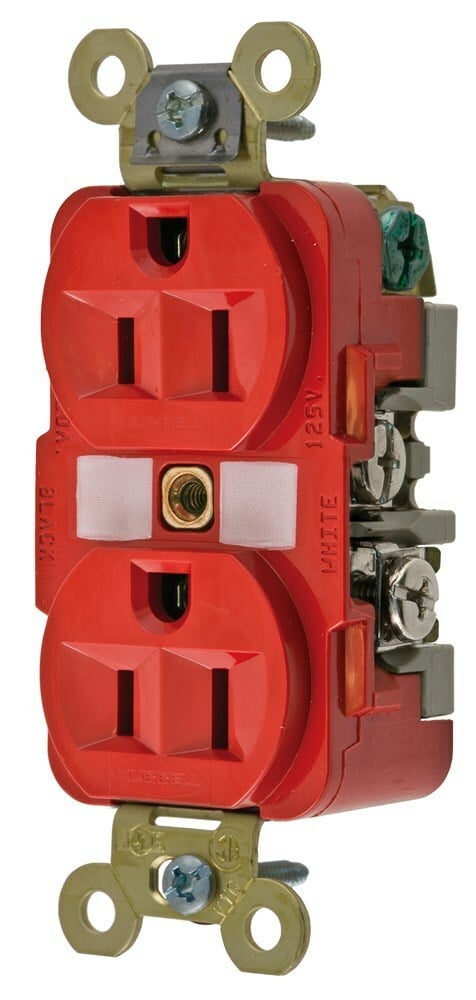 HBL5262R 1-Phase Duplex Extra Heavy Duty Self-Grounding Standard Screw Mount Straight Blade Receptacle, 125 V AC, 15 A, 2 Poles, 3 Wires, Red