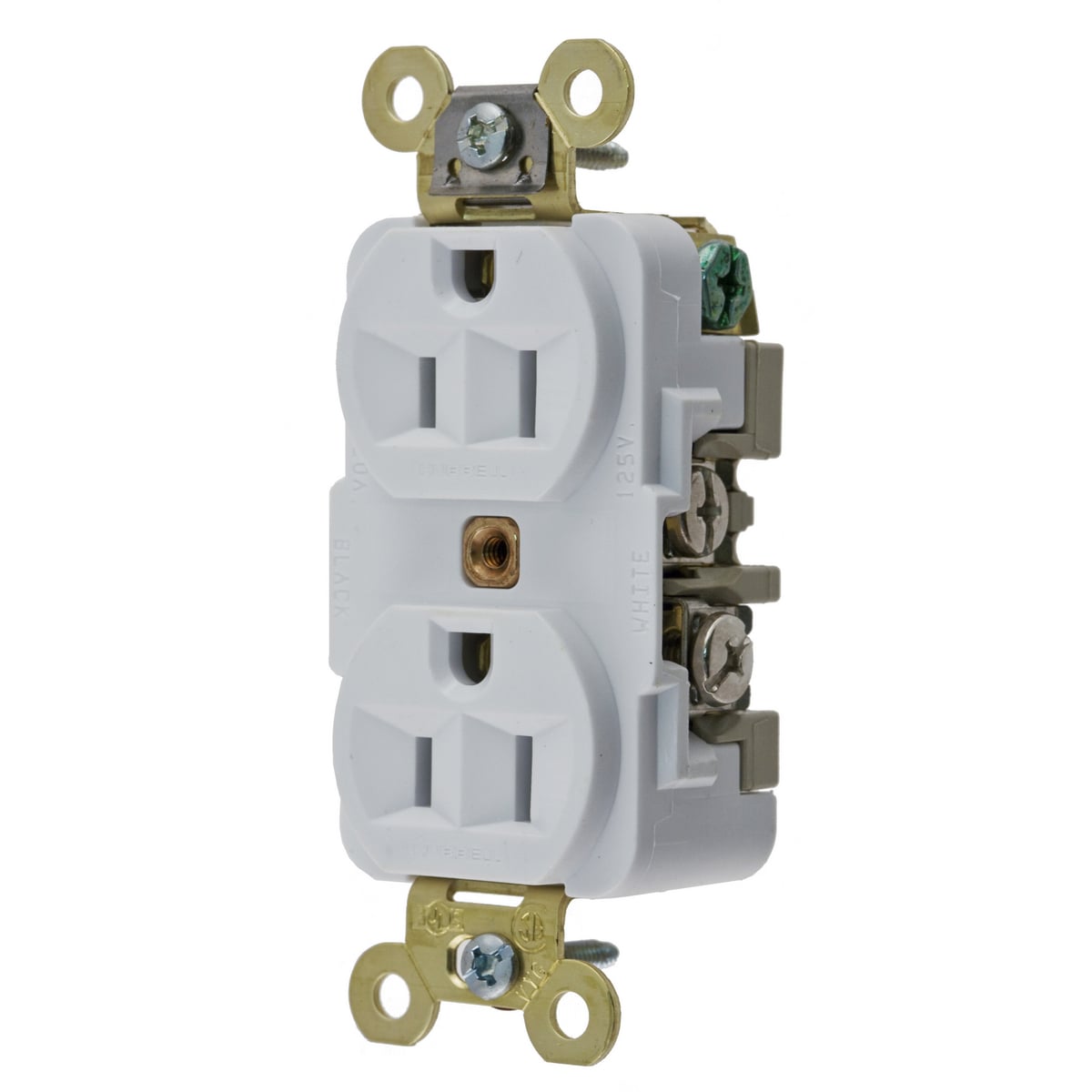HBL5262W 1-Phase Duplex Extra Heavy Duty Self-Grounding Screw Mount Straight Blade Receptacle, 125 V AC, 15 A, 2 Poles, 3 Wires, White