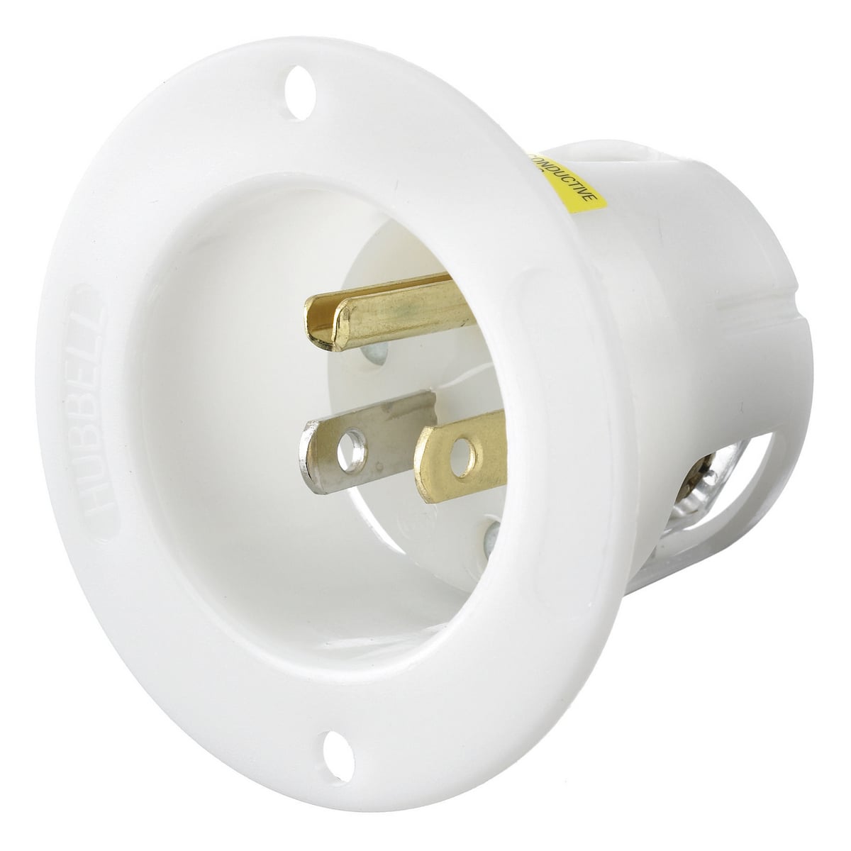 HBL5278C 1-Phase Male Grounding Straight Blade Screw Mount Flanged Inlet With Mounting Screw, 125 V AC, 15 A, 2 Poles, 3 Wires, White