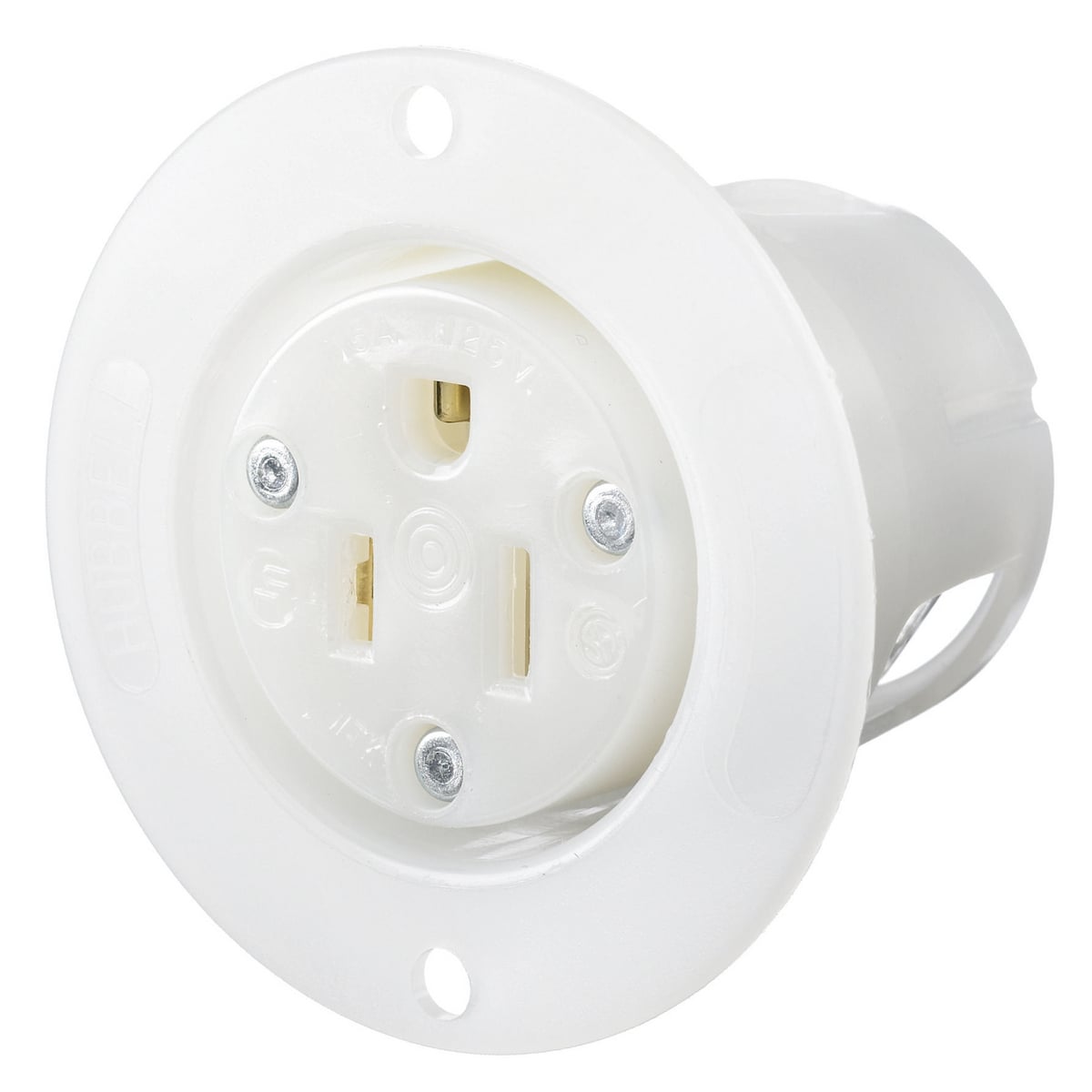 HBL5279C HBL 1-Phase Grounding Heavy Duty Single Screw Mount Straight Blade Receptacle, 125 V AC, 15 A, 2 Poles, 3 Wires, White