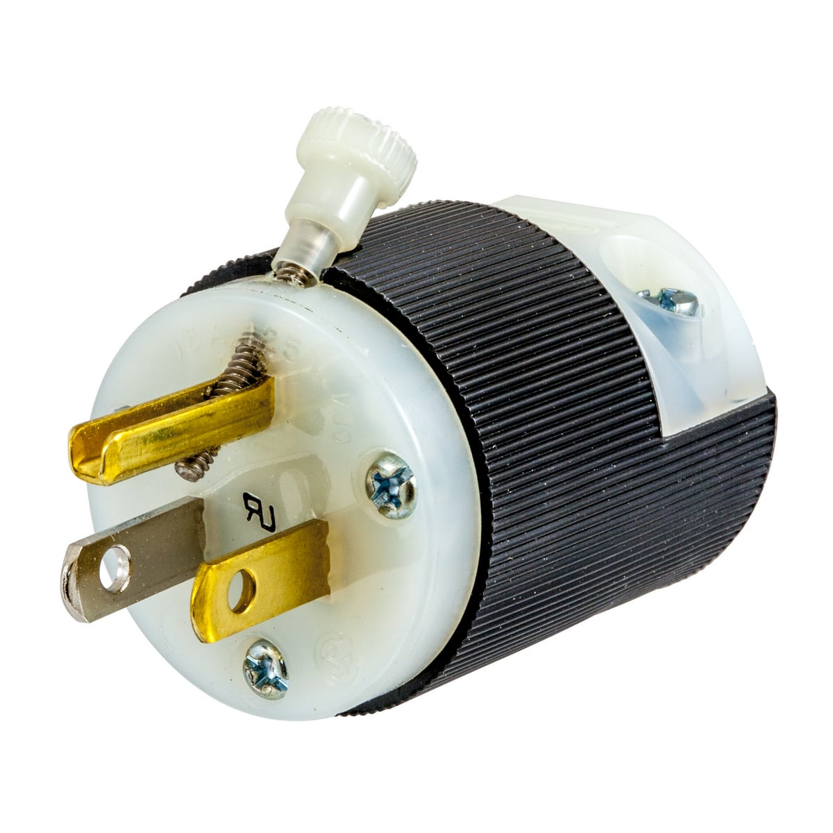 HBL5280C 1-Phase Corrosion-Resistant Grounding Portable Standard Cord Mount Straight Blade Plug, 125 V AC, 15 A, 2 Poles, 3 Wires, Black/White