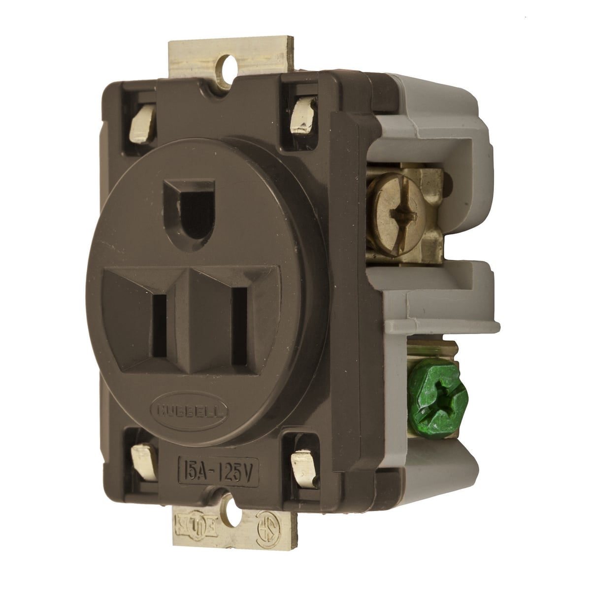 HBL5284 1-Phase Extra Heavy Duty Grounding Standard Sized Panel Mount Straight Blade Receptacle, 125 V AC, 15 A, 2 Poles, 3 Wires, Brown