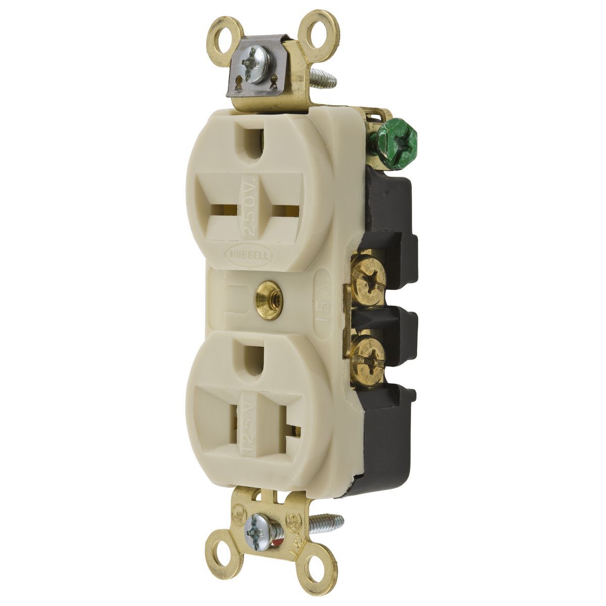 HBL5292I Standard Duplex Combination Straight Blade Receptacle, 125 V, 15 A, 2 Poles, 3 Wires, Ivory