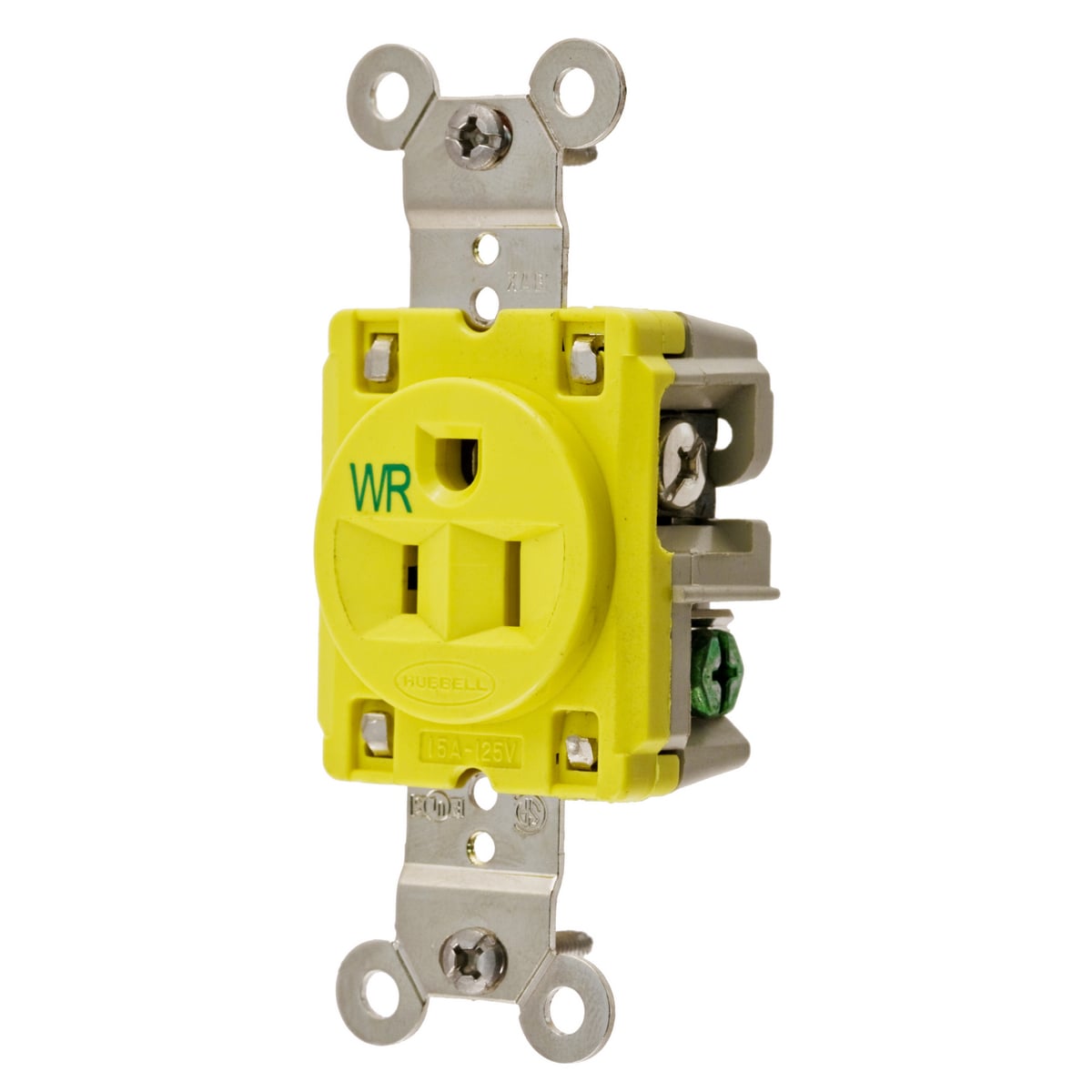 HBL52CM61 1-Phase Corrosion-Resistant Extra Heavy Duty Grounding Single Standard Weather-Resistant Screw Mount Straight Blade Receptacle, 125 V AC, 15 A, 2 Poles, 3 Wires, Yellow