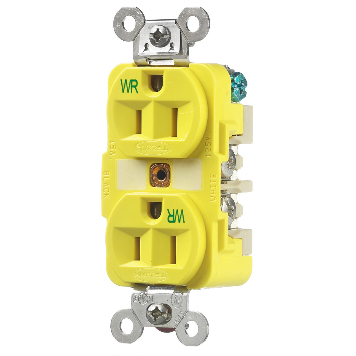 HBL52CM62 1-Phase Corrosion Resistant Duplex Outlet Grounding Screw Mount Straight Blade Receptacle, 125 V AC, 15 A, 2 Poles, 3 Wires, Yellow