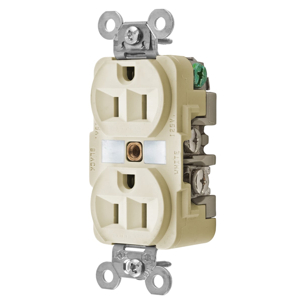 HBL52CM62I 1-Phase Corrosion Resistant Duplex Extra Heavy Duty Grounding Standard Traditional Weather-Resistant Screw Mount Straight Blade Receptacle, 125 V AC, 15 A, 2 Poles, 3 Wires, Ivory