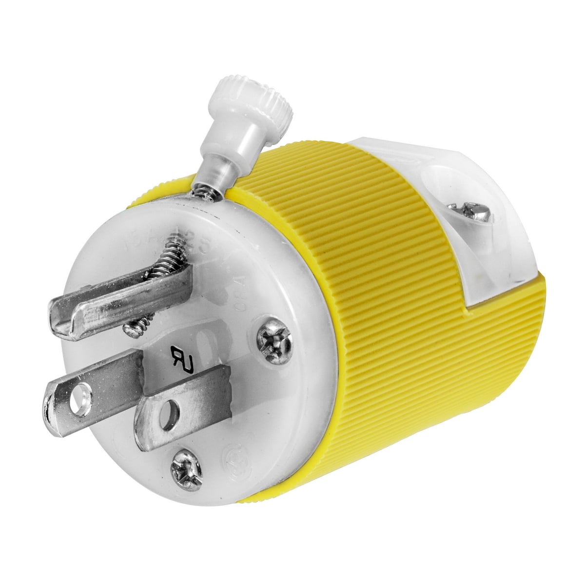 HBL52CM80C 1-Phase Corrosion-Resistant Grounding Male Portable Standard Cord Mount Straight Blade Plug, 125 V AC, 15 A, 2 Poles, 3 Wires, Yellow