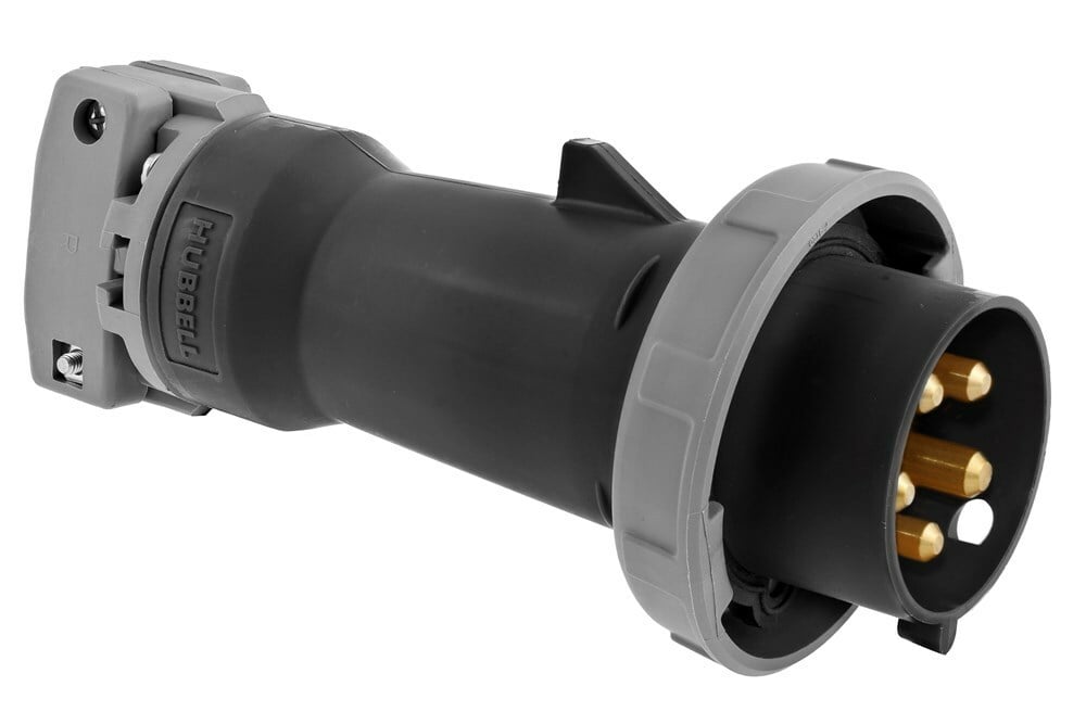 HBL530P5W 3-Phase Grounding Male Non-NEMA Portable Standard Watertight Cord Mount Pin and Sleeve Plug, 347/600Y V AC, 30 A, 4 Poles, 5 Wires, Black