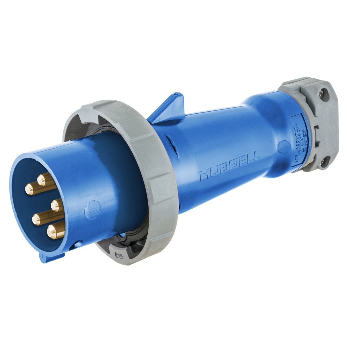 HBL530P9W 3-Phase Grounding Male Non-NEMA Portable Standard Watertight Cord Mount Pin and Sleeve Plug, 120/208Y V AC, 30 A, 4 Poles, 5 Wires, Blue