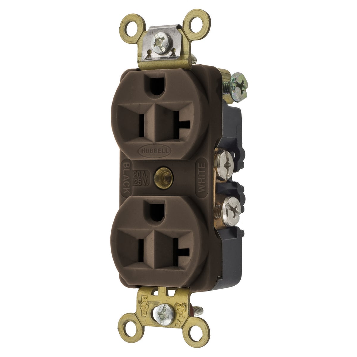HBL5342 1-Phase Compact Duplex Extra Heavy Duty Self-Grounding Standard Traditional Screw Mount Straight Blade Receptacle, 125 V AC, 20 A, 2 Poles, 3 Wires, Brown