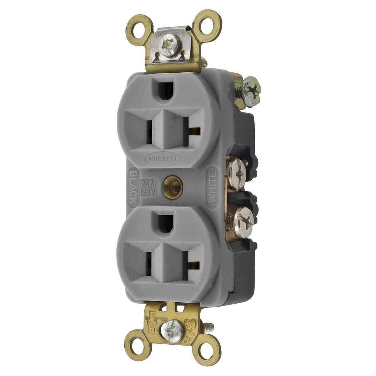 HBL5342GY 1-Phase Compact Duplex Extra Heavy Duty Self-Grounding Standard Traditional Screw Mount Straight Blade Receptacle, 125 V AC, 20 A, 2 Poles, 3 Wires, Gray
