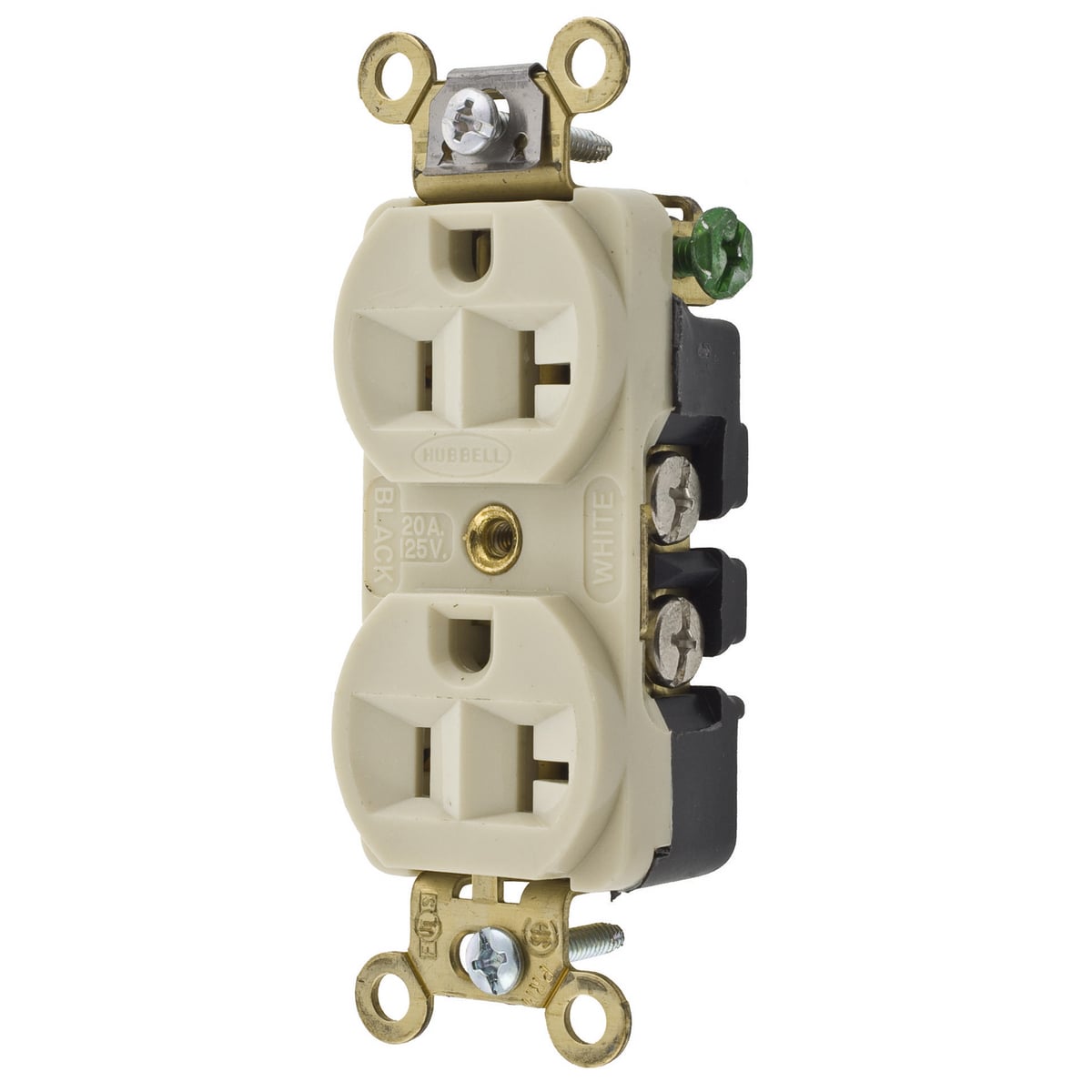 HBL5342I 1-Phase Compact Duplex Extra Heavy Duty Self-Grounding Standard Traditional Screw Mount Straight Blade Receptacle, 125 V AC, 20 A, 2 Poles, 3 Wires, Ivory
